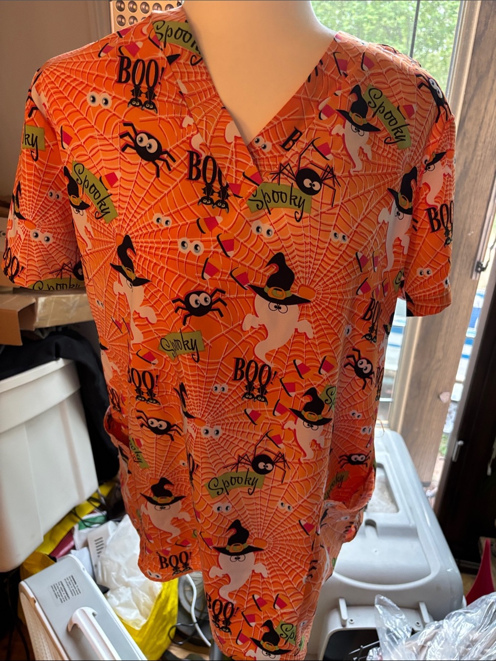 Women’s Orange Halloween Print Short Sleeve Scrub Top